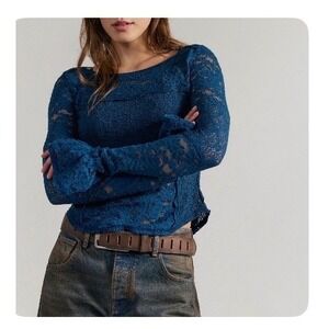 Free People Sheer Lace Flared Long Sleeve Top blue green teal medium new nwt